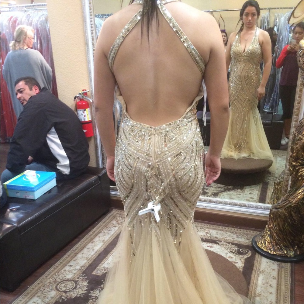 Gold tulle and sequined prom dress